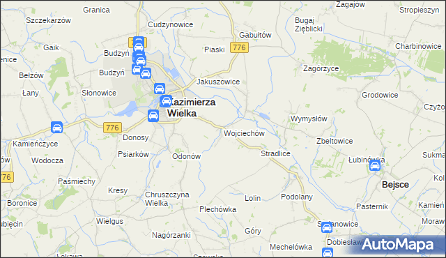 mapa Wojciechów gmina Kazimierza Wielka, Wojciechów gmina Kazimierza Wielka na mapie Targeo