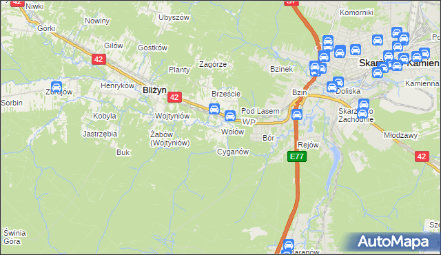 mapa Wołów gmina Bliżyn, Wołów gmina Bliżyn na mapie Targeo