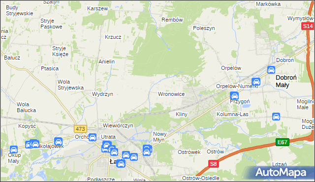 mapa Wronowice gmina Łask, Wronowice gmina Łask na mapie Targeo