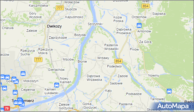 mapa Wrzawy gmina Gorzyce, Wrzawy gmina Gorzyce na mapie Targeo