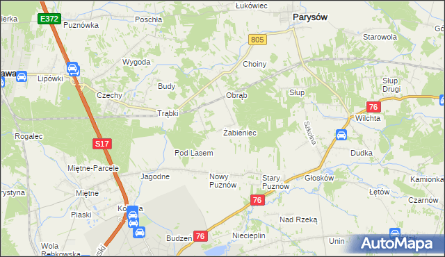 mapa Żabieniec gmina Parysów, Żabieniec gmina Parysów na mapie Targeo