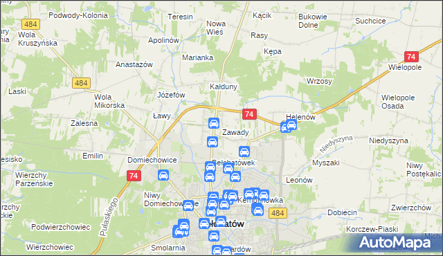 mapa Zawady gmina Bełchatów, Zawady gmina Bełchatów na mapie Targeo