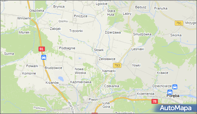 mapa Żelisławice gmina Siewierz, Żelisławice gmina Siewierz na mapie Targeo