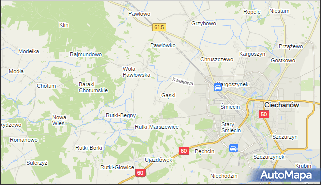 mapa Gąski gmina Ciechanów, Gąski gmina Ciechanów na mapie Targeo