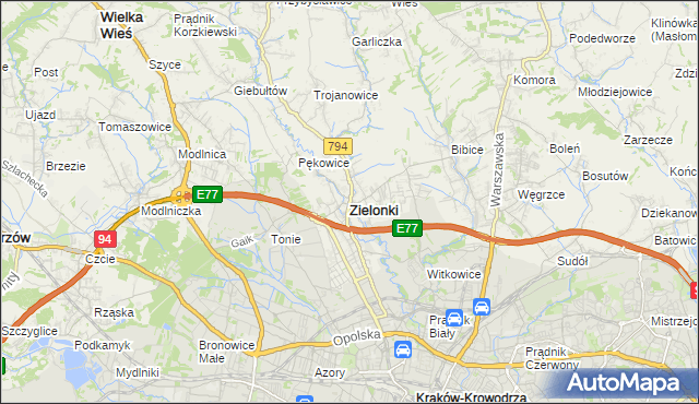 mapa Zielonki powiat krakowski, Zielonki powiat krakowski na mapie Targeo