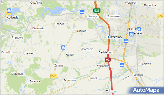 mapa Borzęcin gmina Pruszcz Gdański, Borzęcin gmina Pruszcz Gdański na mapie Targeo