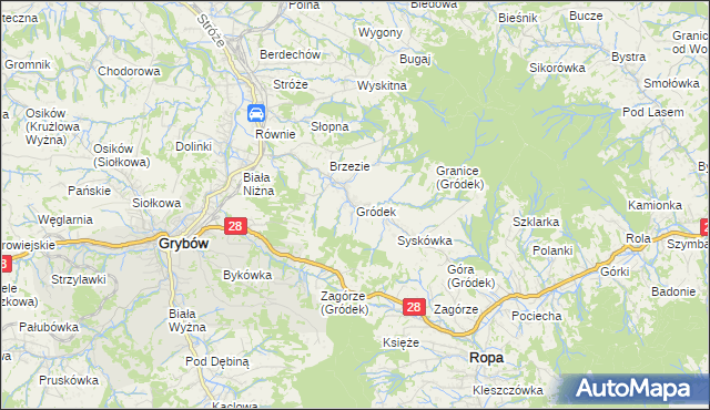 mapa Gródek gmina Grybów, Gródek gmina Grybów na mapie Targeo