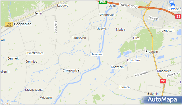 mapa Jasiniec gmina Bogdaniec, Jasiniec gmina Bogdaniec na mapie Targeo