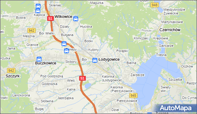 mapa Łodygowice powiat żywiecki, Łodygowice powiat żywiecki na mapie Targeo