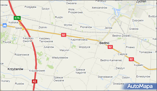 mapa Wojszyce gmina Bedlno, Wojszyce gmina Bedlno na mapie Targeo