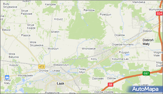 mapa Wronowice gmina Łask, Wronowice gmina Łask na mapie Targeo