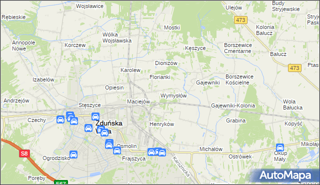 mapa Wymysłów gmina Zduńska Wola, Wymysłów gmina Zduńska Wola na mapie Targeo