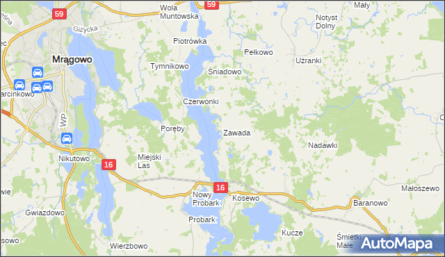 mapa Zawada gmina Mrągowo, Zawada gmina Mrągowo na mapie Targeo
