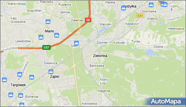 mapa Zielonka powiat wołomiński, Zielonka powiat wołomiński na mapie Targeo