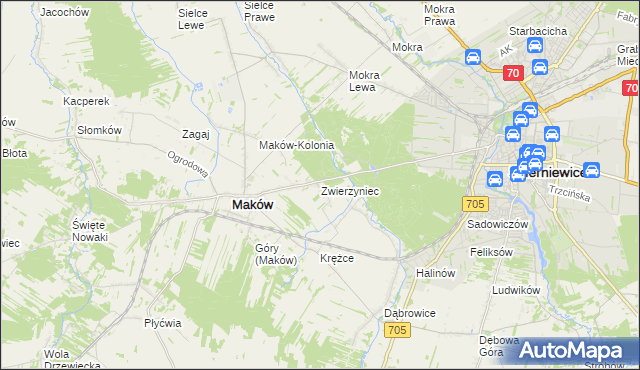 mapa Zwierzyniec gmina Maków, Zwierzyniec gmina Maków na mapie Targeo