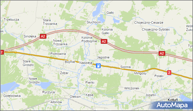 mapa Jagodne gmina Kotuń, Jagodne gmina Kotuń na mapie Targeo