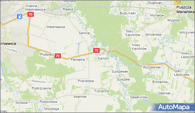 mapa Kamion gmina Puszcza Mariańska, Kamion gmina Puszcza Mariańska na mapie Targeo
