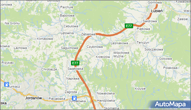 mapa Krzeczów gmina Lubień, Krzeczów gmina Lubień na mapie Targeo