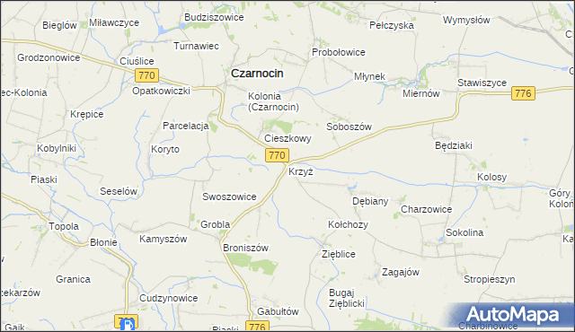 mapa Krzyż gmina Czarnocin, Krzyż gmina Czarnocin na mapie Targeo