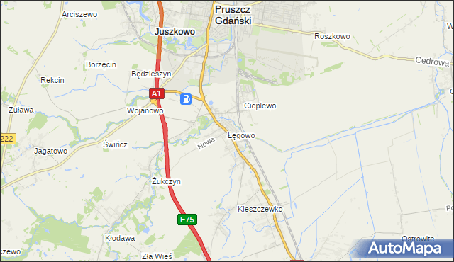 mapa Łęgowo gmina Pruszcz Gdański, Łęgowo gmina Pruszcz Gdański na mapie Targeo