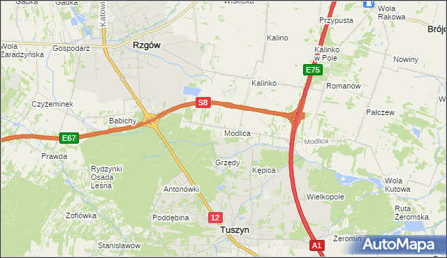 mapa Modlica gmina Tuszyn, Modlica gmina Tuszyn na mapie Targeo