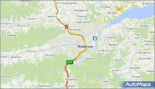 mapa Myślenice, Myślenice na mapie Targeo