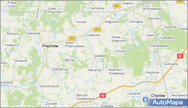 mapa Zadębie gmina Prażmów, Zadębie gmina Prażmów na mapie Targeo