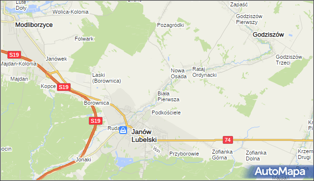 mapa Biała Pierwsza gmina Janów Lubelski, Biała Pierwsza gmina Janów Lubelski na mapie Targeo