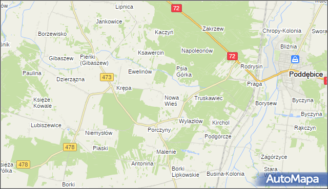 mapa Nowa Wieś gmina Poddębice, Nowa Wieś gmina Poddębice na mapie Targeo