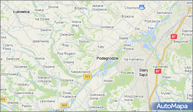 mapa Podegrodzie powiat nowosądecki, Podegrodzie powiat nowosądecki na mapie Targeo