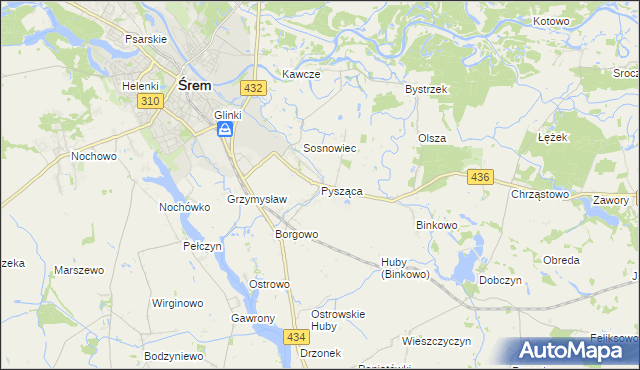 mapa Pysząca gmina Śrem, Pysząca gmina Śrem na mapie Targeo