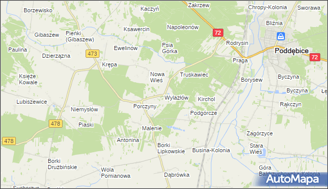 mapa Wylazłów gmina Poddębice, Wylazłów gmina Poddębice na mapie Targeo