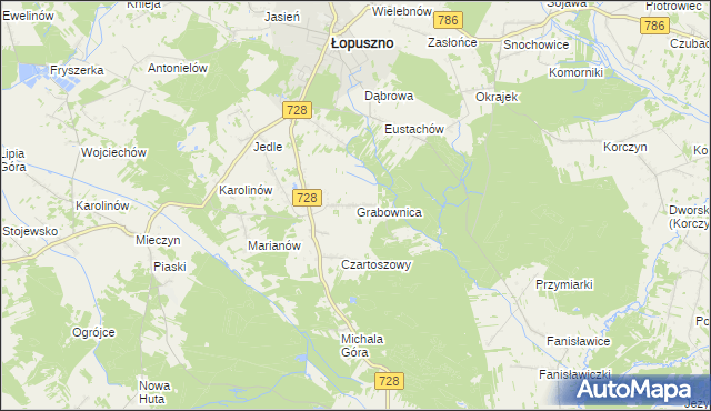 mapa Grabownica gmina Łopuszno, Grabownica gmina Łopuszno na mapie Targeo