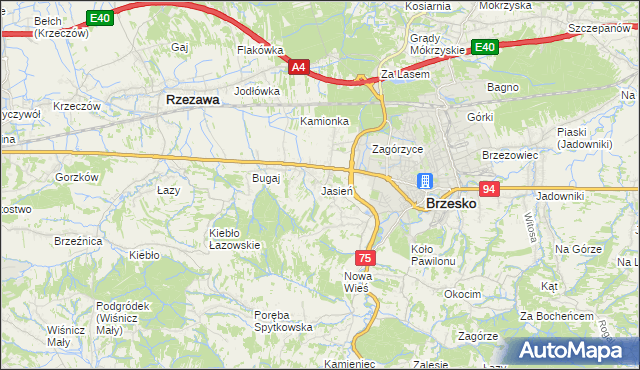 mapa Jasień gmina Brzesko, Jasień gmina Brzesko na mapie Targeo
