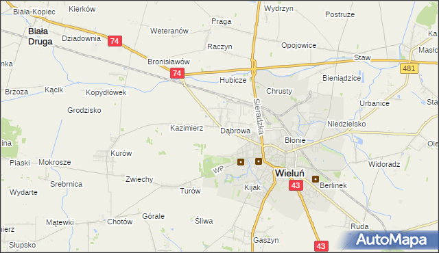 mapa Dąbrowa gmina Wieluń, Dąbrowa gmina Wieluń na mapie Targeo