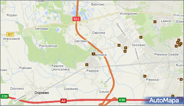 mapa Dąbrówka gmina Dopiewo, Dąbrówka gmina Dopiewo na mapie Targeo