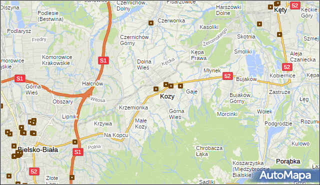 mapa Kozy powiat bielski, Kozy powiat bielski na mapie Targeo