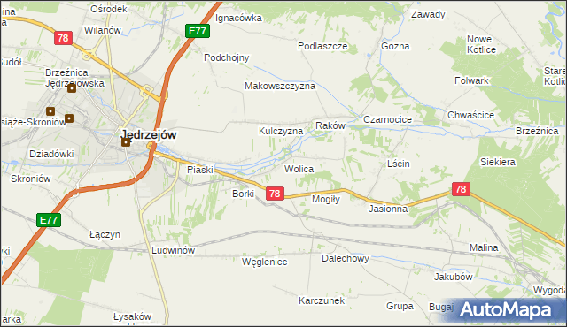 mapa Wolica gmina Jędrzejów, Wolica gmina Jędrzejów na mapie Targeo