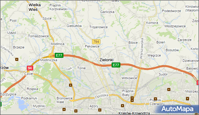 mapa Zielonki powiat krakowski, Zielonki powiat krakowski na mapie Targeo