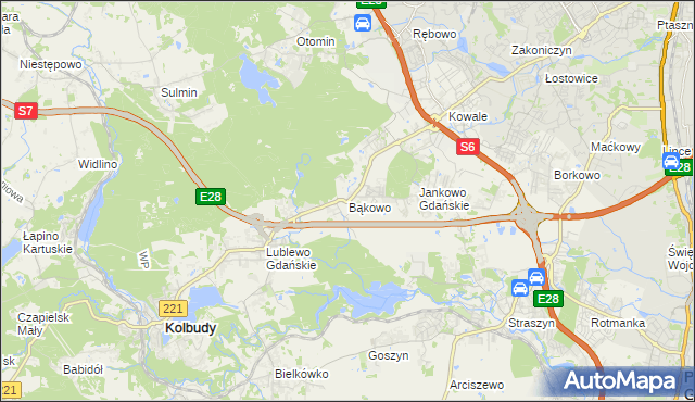 mapa Bąkowo gmina Kolbudy, Bąkowo gmina Kolbudy na mapie Targeo
