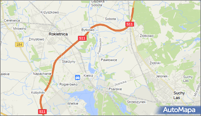 mapa Pawłowice gmina Rokietnica, Pawłowice gmina Rokietnica na mapie Targeo