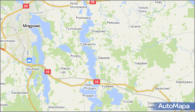 mapa Zawada gmina Mrągowo, Zawada gmina Mrągowo na mapie Targeo
