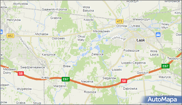 mapa Zielęcice gmina Łask, Zielęcice gmina Łask na mapie Targeo
