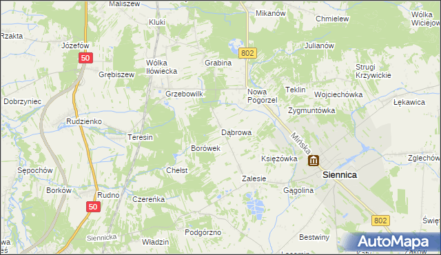 mapa Dąbrowa gmina Siennica, Dąbrowa gmina Siennica na mapie Targeo