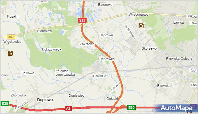 mapa Dąbrówka gmina Dopiewo, Dąbrówka gmina Dopiewo na mapie Targeo