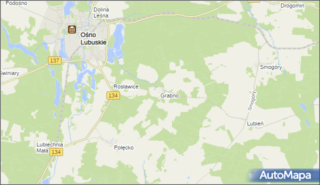 mapa Grabno gmina Ośno Lubuskie, Grabno gmina Ośno Lubuskie na mapie Targeo