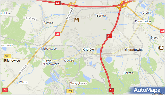 mapa Knurów powiat gliwicki, Knurów powiat gliwicki na mapie Targeo