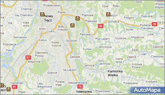 mapa Kunów gmina Chełmiec, Kunów gmina Chełmiec na mapie Targeo