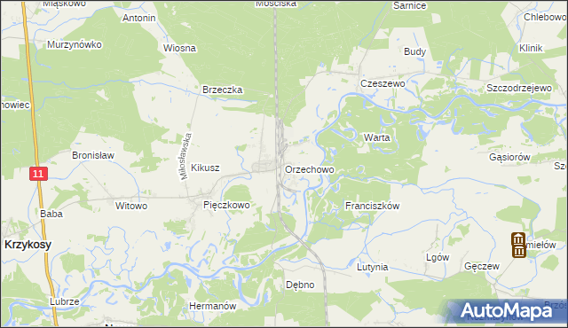 mapa Orzechowo gmina Miłosław, Orzechowo gmina Miłosław na mapie Targeo