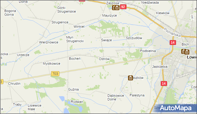 mapa Ostrów gmina Łowicz, Ostrów gmina Łowicz na mapie Targeo